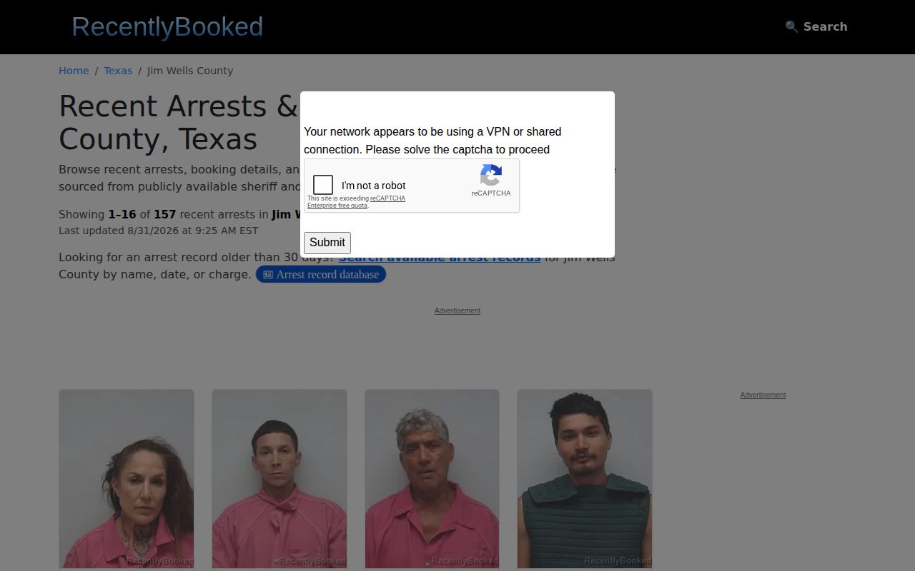 Jim Wells County crime news context view of an unofficial RecentlyBooked county section