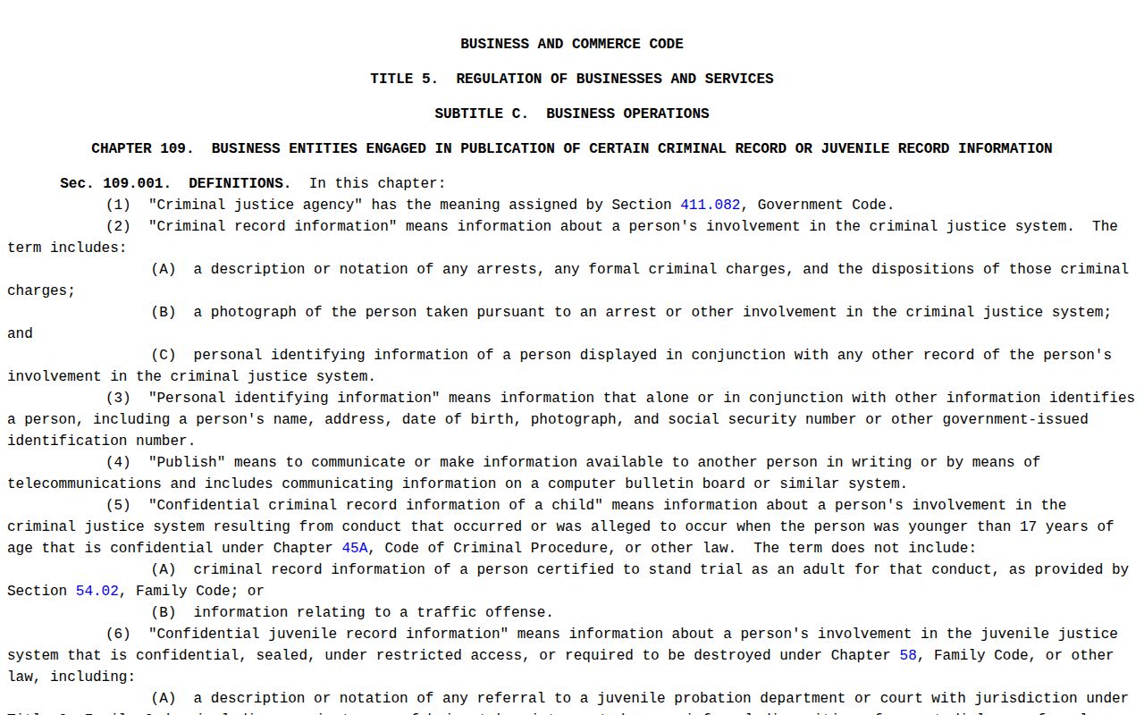 Jim Wells County booking-record law source, Texas Business and Commerce Code Chapter 109